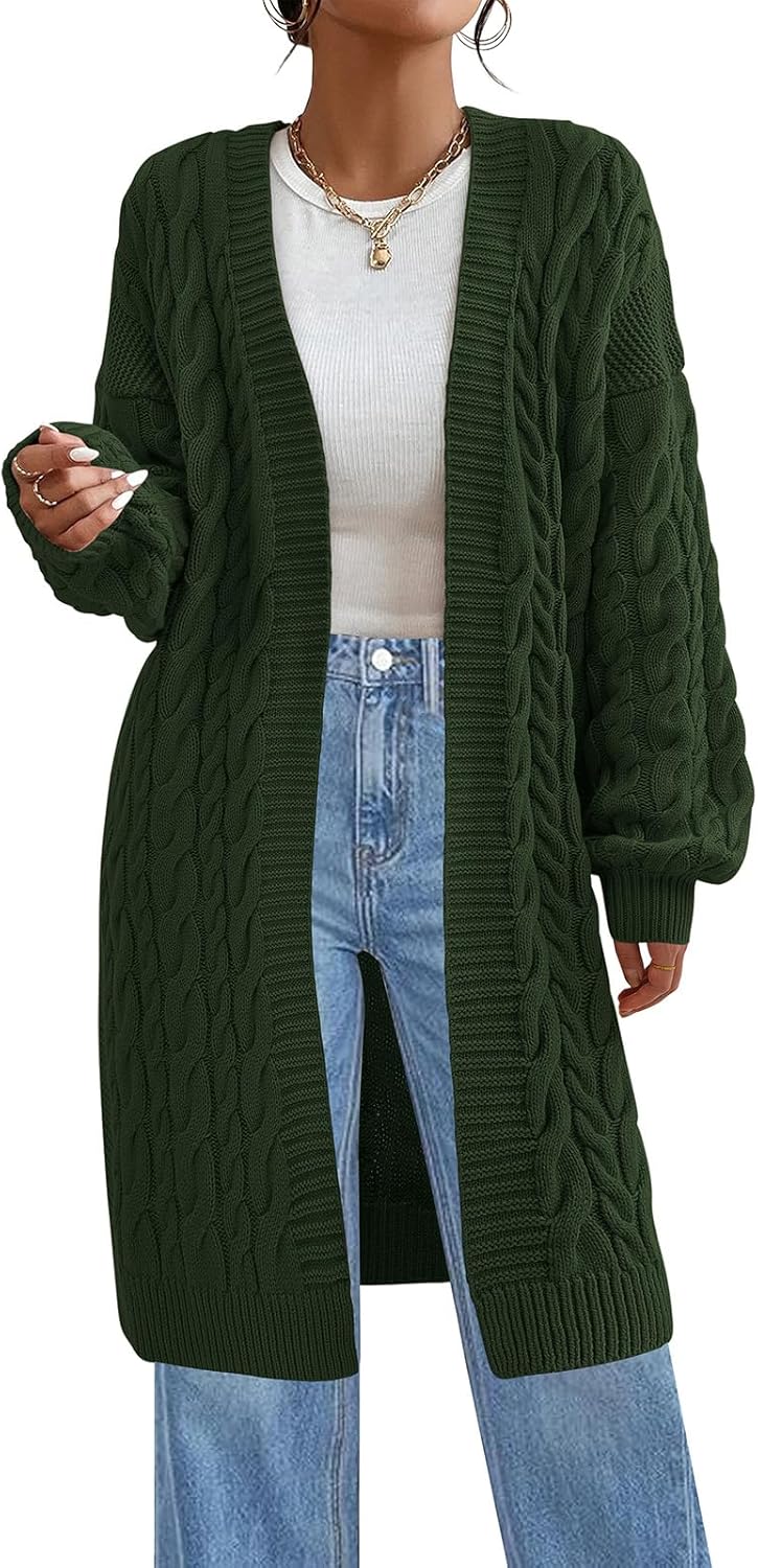 PRETTYGARDEN Long Sleeve Open Front Chunky Cardigan Sweaters for Women Cable Knit Long Cardigans Fall Outfits with Pockets