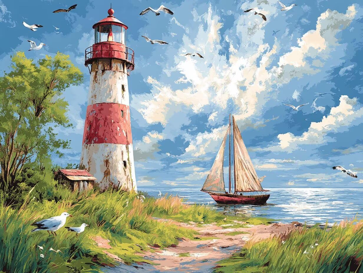 Peinture Numero Adulte Phare Coloriage par Numero Adulte Mer DIY Paint by Numbers, avec Pinceaux Peinture Loisir Creatif Enfant Numéro D'art Cadeau Femme, Pour Decoration Maison Murale 60x80cm H - 509