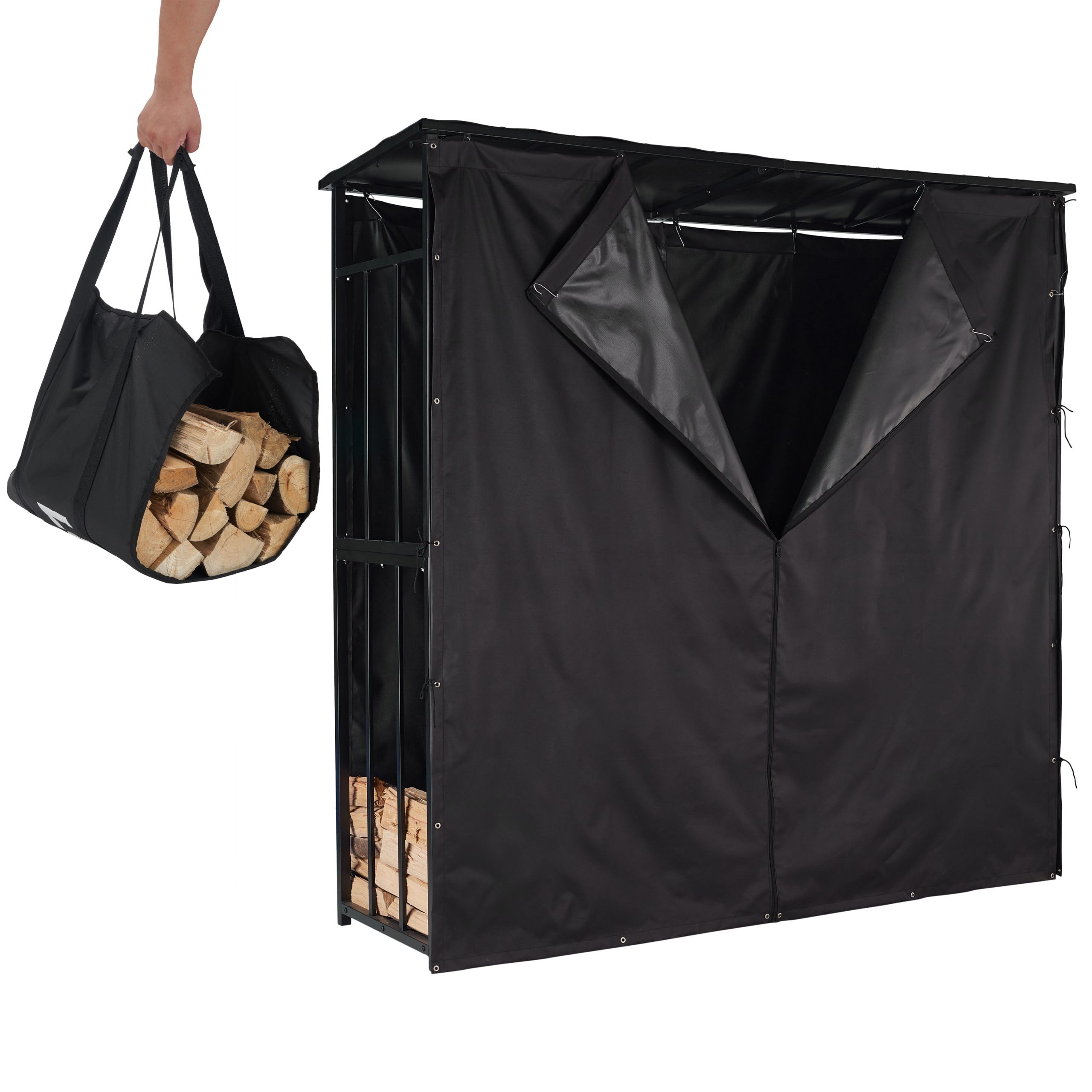 Kaminholzregal mit Dach + Schutzhülle + Tragetasche - Brennholzschuppen - Holzaufbewahrung wasserdicht - Brennholzregal - Holzregal - Kaminholzunterstand- Schwarz - Metall (180x60x180cm)
