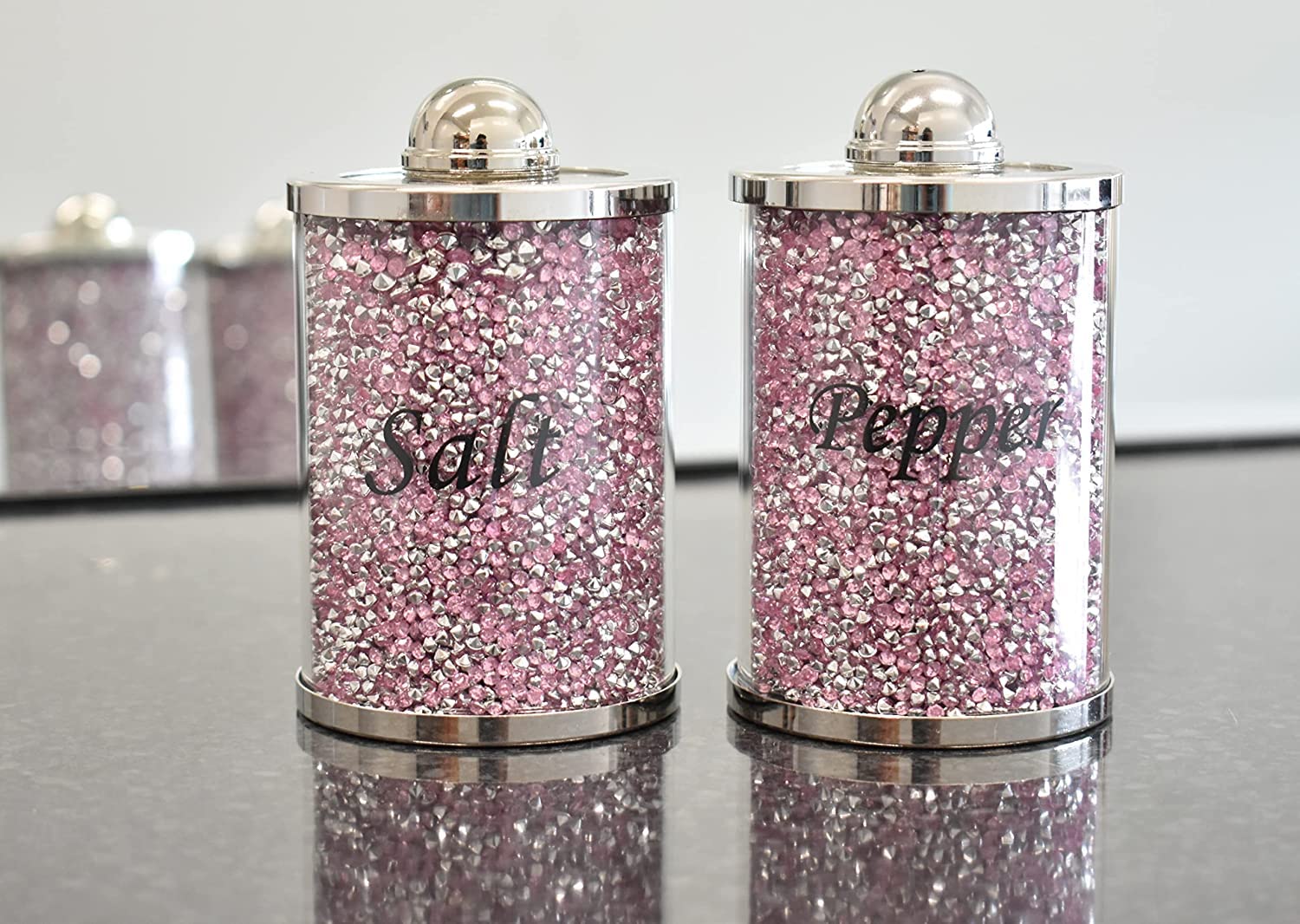 Biznest Pink Diamond Crushed Salt & Pepper Canisters Jars Storage Pink & Silver Crystal Display Gift Present For All Occassion Home Decor