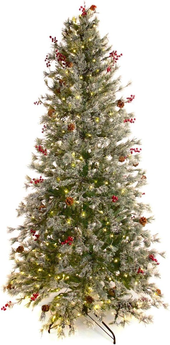 Best Artificial 7.5ft / 225cm Pre Lit Frosted Norwegian Pine Decorated Christmas Tree with Red Berries & Pine Cones