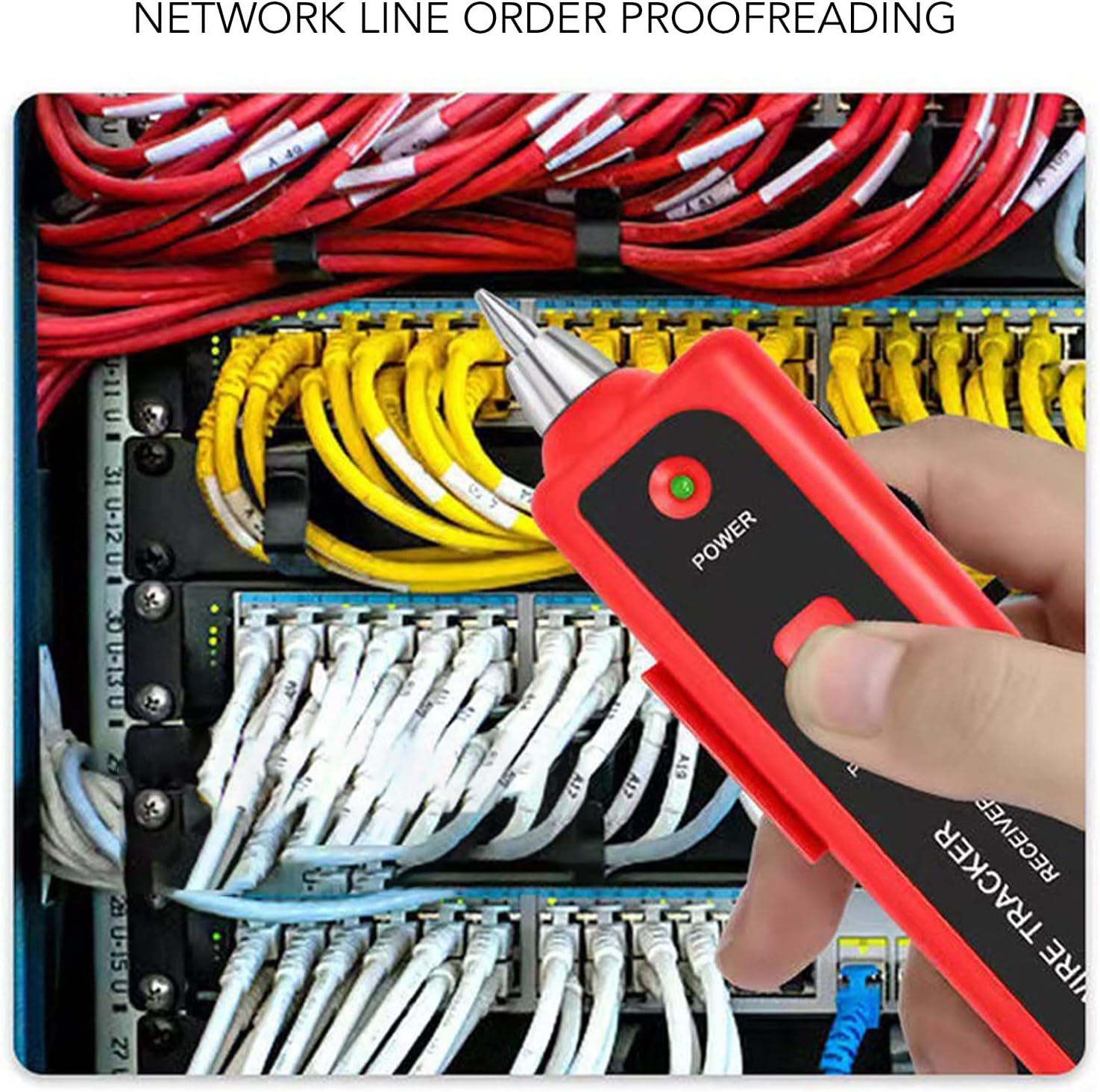 Hand holding the PerGar Network Cable Tester receiver near a network switch