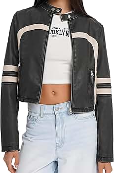 Wuitrie Womens Faux Leather Jacket Color Block Cropped