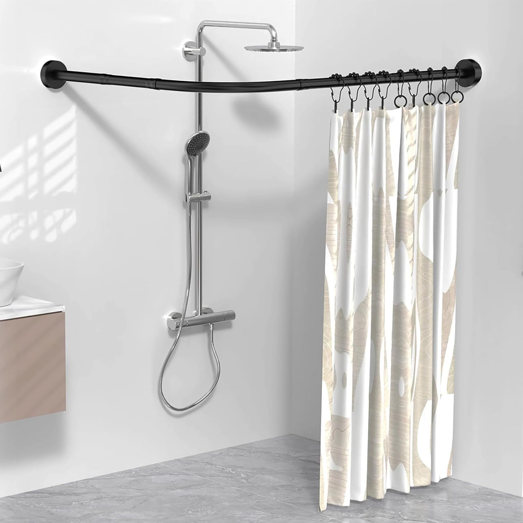 Barra Cortina Ducha Extensible, Barra Cortina Ducha Esquina Sin Taladrar Bañera Esquina Tipo L Barra Telescópica de Inoxidable Negro para Vestuarios BañOs(90-130cm x 90-130cm)