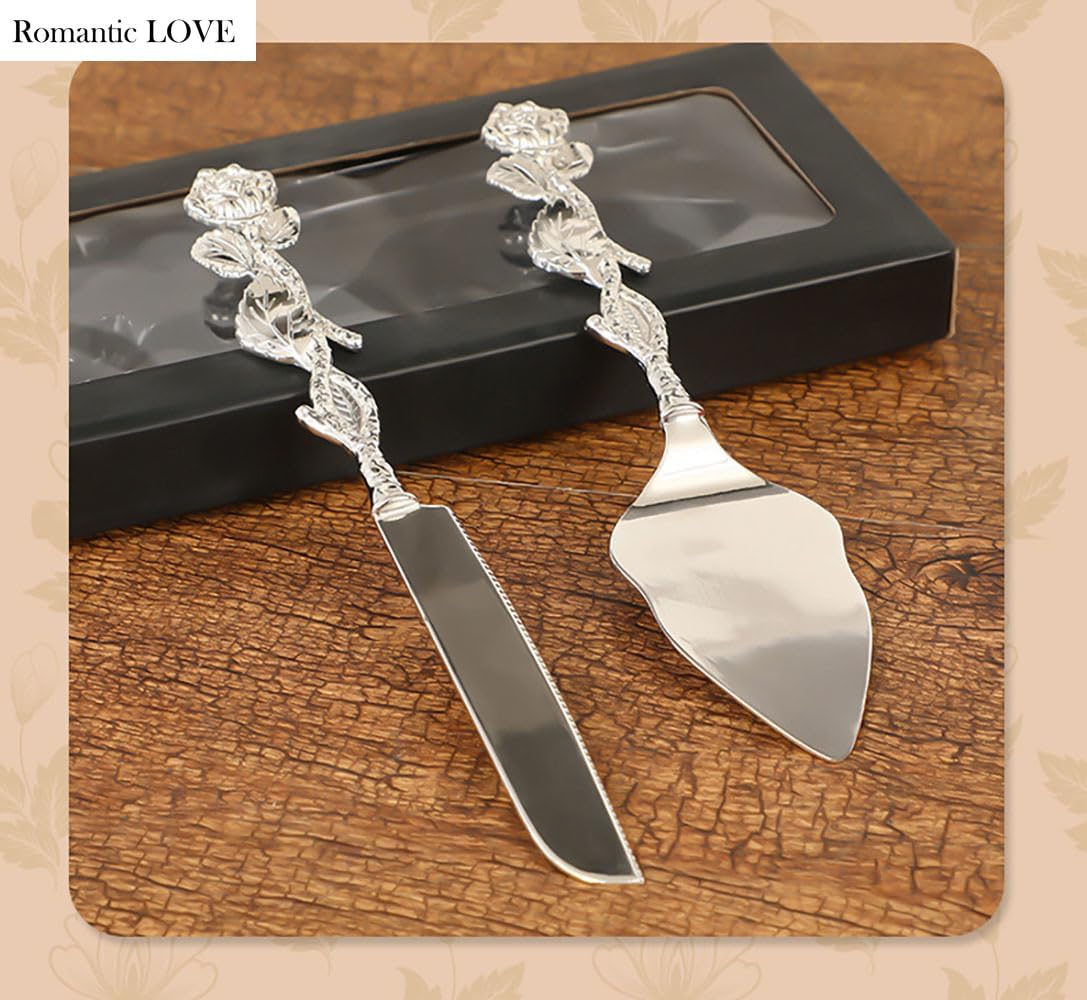 Romantic LOVE Cake Knife Shovel Server Set Cake Pie & Pastry Servers Silverware Zinc Alloy Carved Rose Handle Wedding Party Thanksgiving Christmas (Silvery)