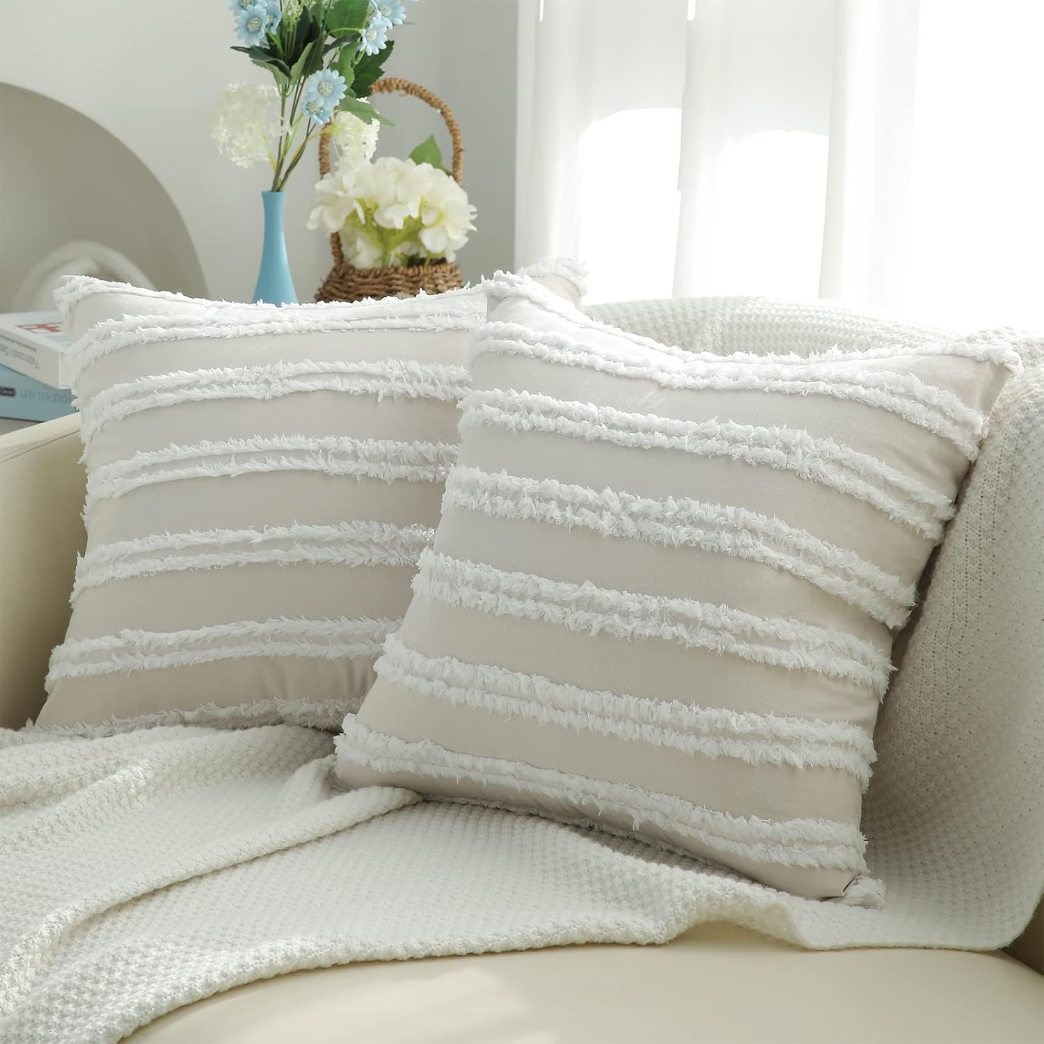 Pallene Boho Decorative Throw Pillow Covers, Neutral Striped Pillow Covers 20X20 Set of 2, Beige Cotton Linen Pillow Covers for Couch Sofa Living Room.