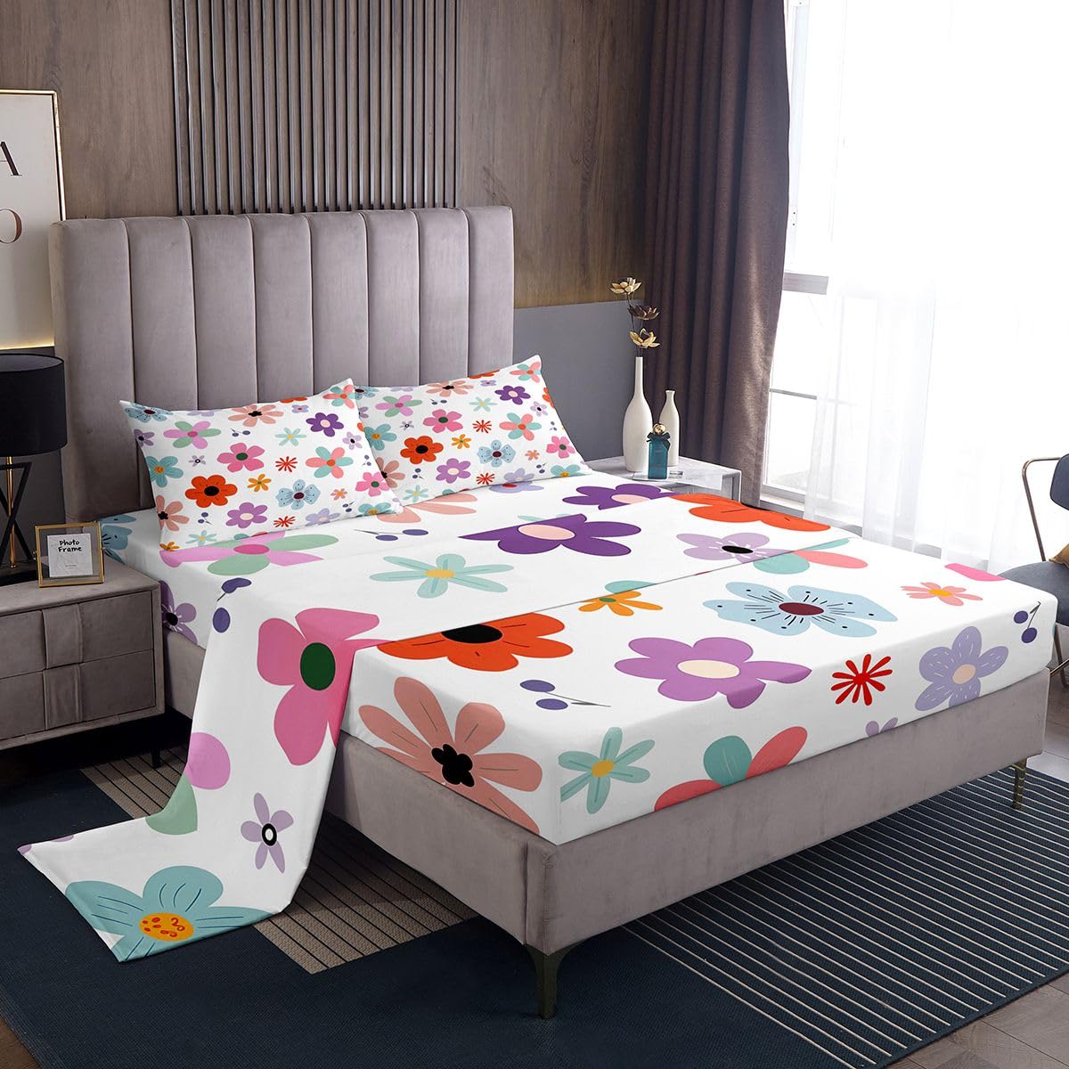 jejeloiu Floral Bed Sheets Set Full Size Plant Bed Set for Kids Boys Girls Farmhouse Garden Deep Pocket Fitted Sheet Cute Breathable Soft Lightweight Microfiber Colorful