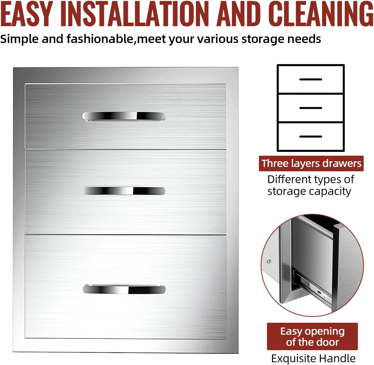 Outdoor Kitchen Drawers Stainless Steel, BBQ Drawer Inserts for Built-in Patio Grill Station, Triple Drawer, 16''W x 21''H x 23''D