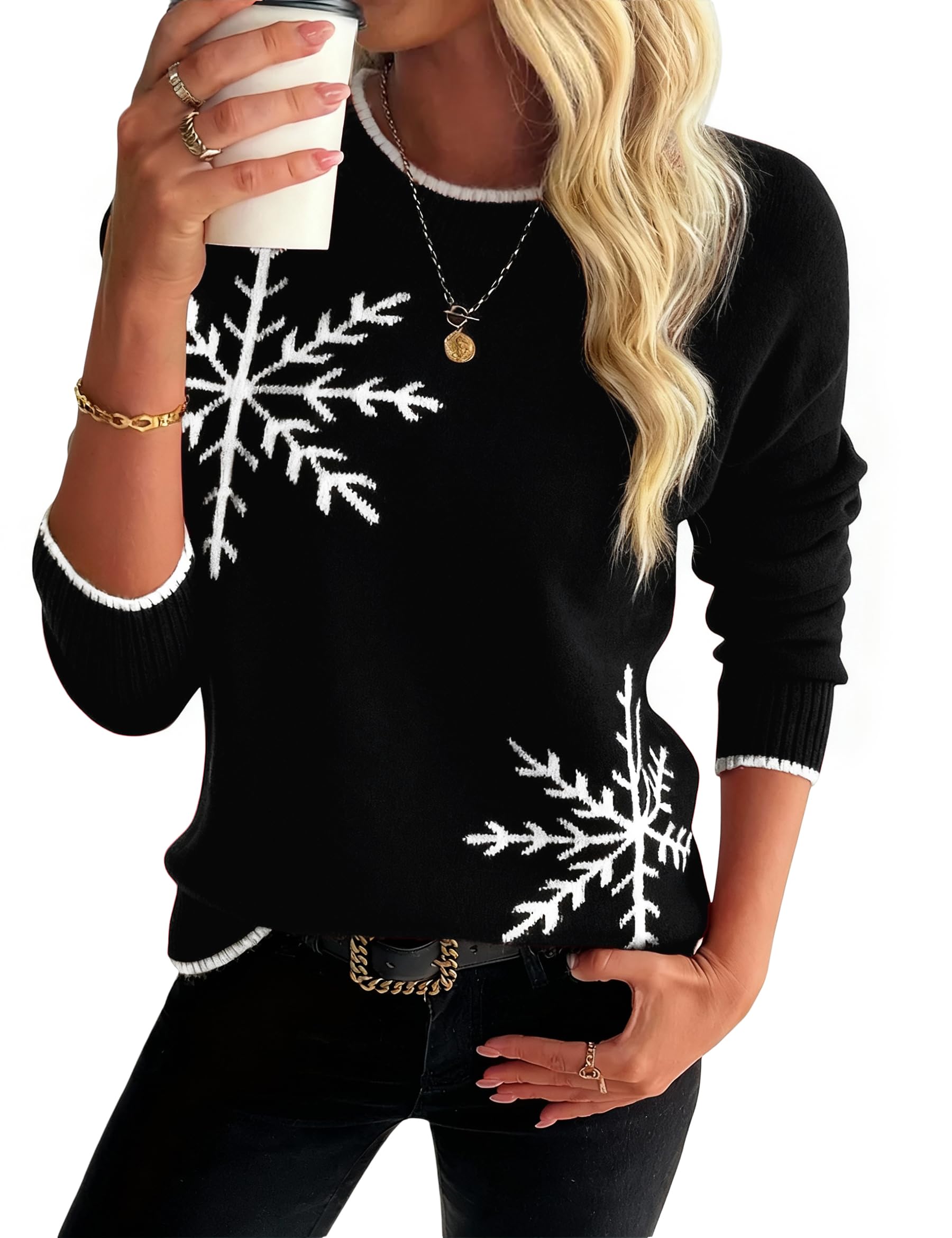 Demegimi Pullover Damen Schneeflocken Weihnachtspullover Rundhals Elegant Strickpullover Herbst Langarm Oberteile Winter Pulli Sweatshirt
