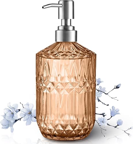 Dispensador de jabón recargable de 13 onzas, dispensador de jabón de vidrio para dispensar jabón de manos, jabón para platos, loción (naranja)