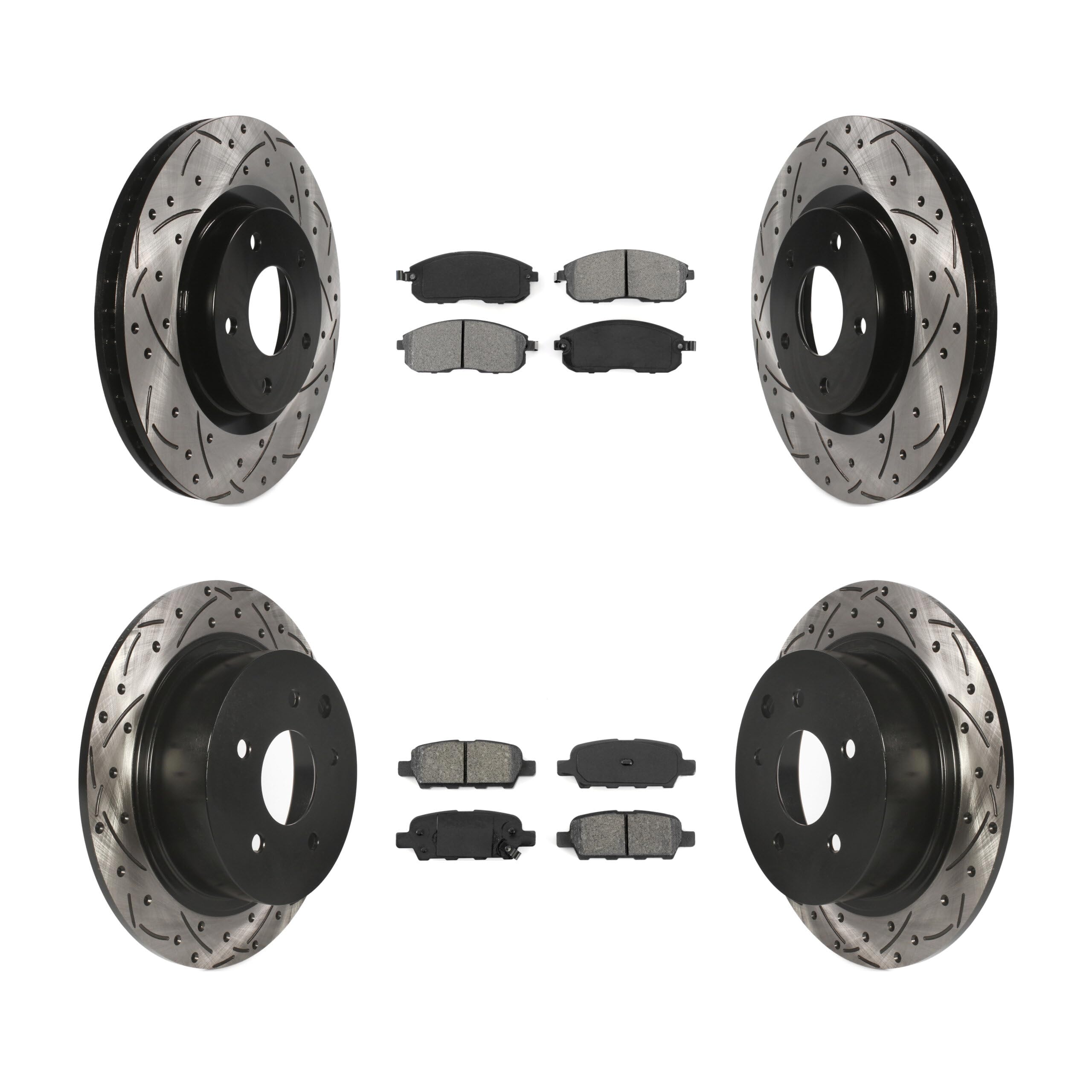 Front Rear Coated Drilled Slotted Disc Brake Rotors And Semi-Metallic Pads Kit Replacement For 2007-2012 Nissan Sentra SE-R KDS-100312