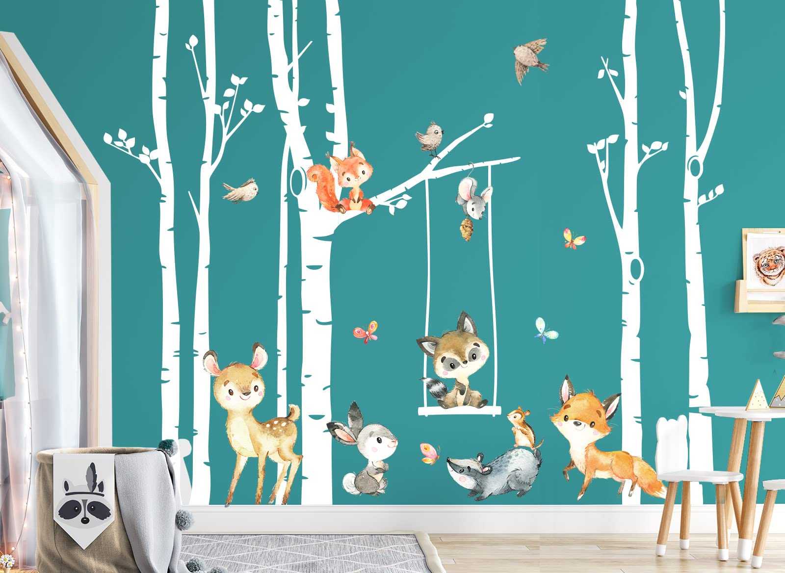 Grandora Wandtattoo Wandsticker Kinderzimmer Tiere Wald Birkenstämme Wandaufkleber Wanddeko Sticker Babyzimmer Spielzimmer Wandbild Kinder Jungs Aufkleber DL760