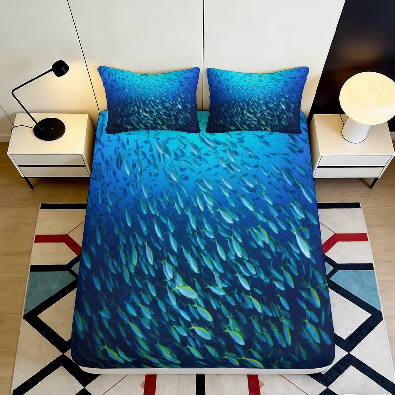 3D Printed Ocean Fish Fitted Sheet Microfiber Deep Pocket Non-Slip Bedding Ensemble Ocean Theme Mattress Fitted Cover Wrap Washable 200x200x25cm 90x200x25cm