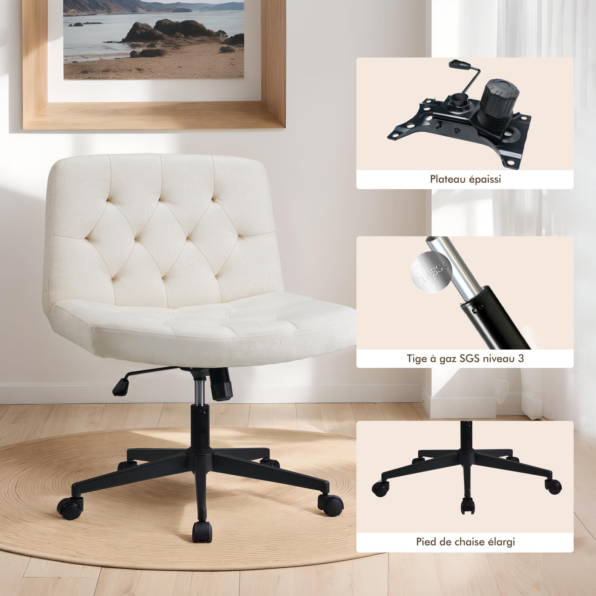 Chaise de Bureau sans Bras à Dossier Moyen, Chaise de Maquillage Extra-Large, Chaise à Pieds croisés réglable en Hauteur, Chaise Commode Confortable(Beige)