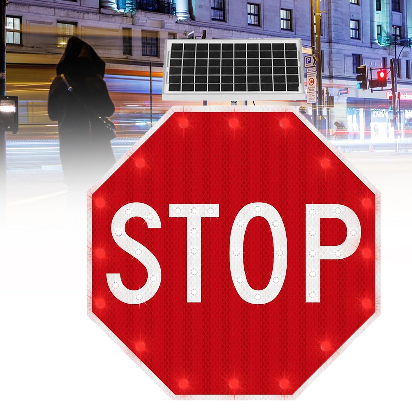 Señal de Alto LED Intermitente con Energía Solar de 30" con Marco Metálico Octagonal y Película Reflectante de Grado Industrial para Señalización de Tráfico y Control de Seguridad Vial