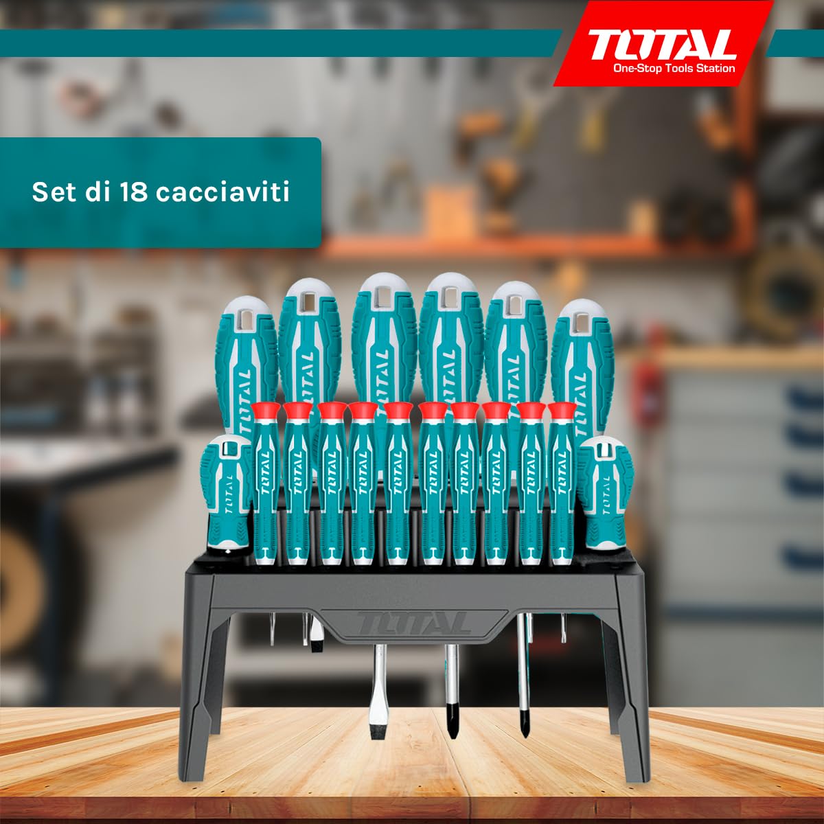 TOTAL - Set di Cacciaviti - Contiene 18 Pezzi - Cromo Vanadio - Punta Magnetica - Manico Ergonomico - Ideale per Uso Intensivo