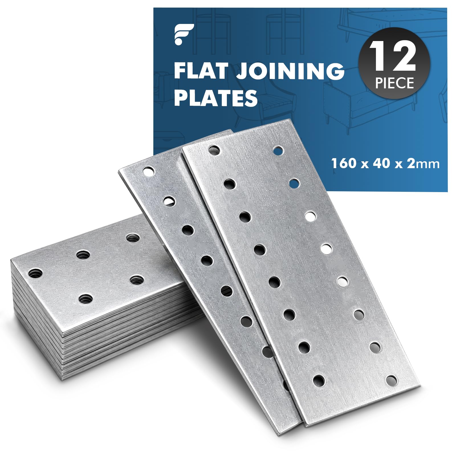 Pack of 12 Galvanised Flat Connectors, 160 x 40 x 2 mm, Perforated Plates, Wood Connectors, Metal Connecting Plates for Wood Construction, Furniture Construction, Shelves, Repair and DIY Projects — image 1