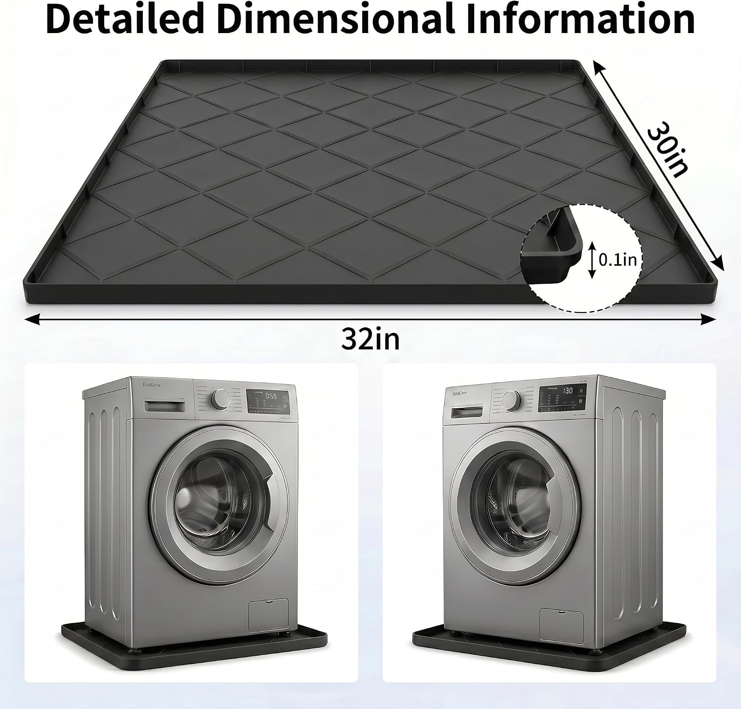 32"x30" Washing Machine Pan Silicone Mat, Upgraded 1" Raised Edges | Non-Slip Waterproof Washer Drip Tray for Under Washer & Dryer,Anti-Vibration Floor Protector for Refrigerator,Water Dispenser