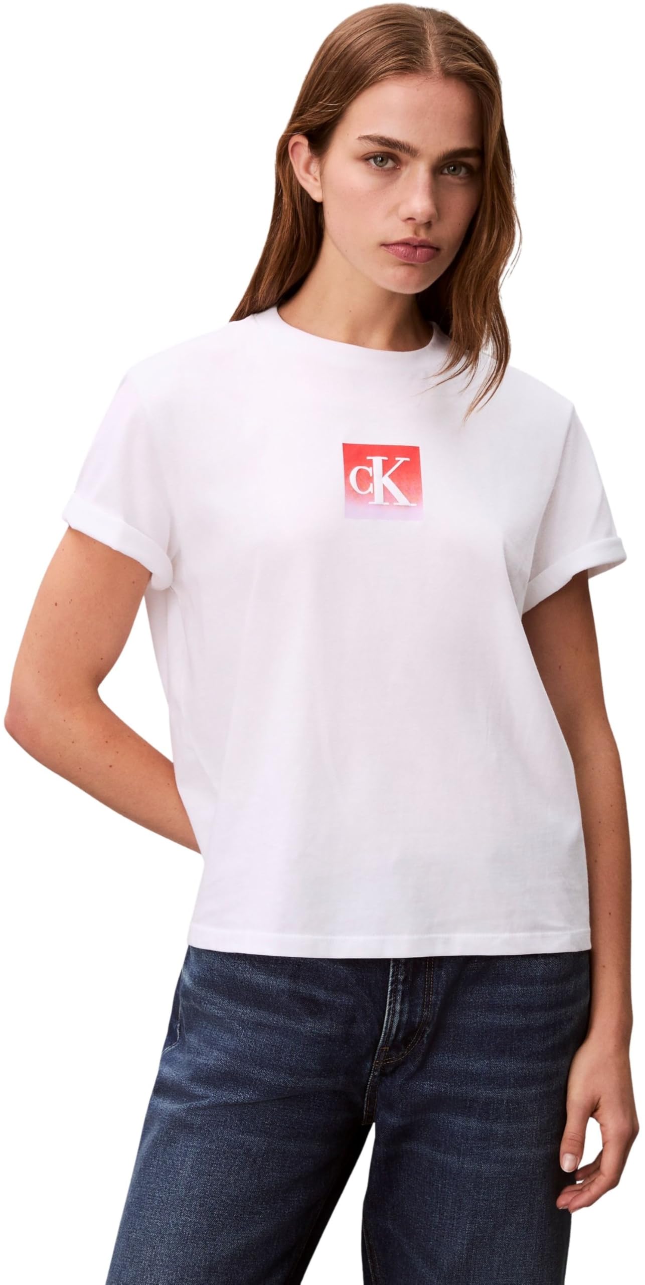 Calvin Klein Damen T-Shirt Kurzarm Classic Boxed Monogram mit Logo