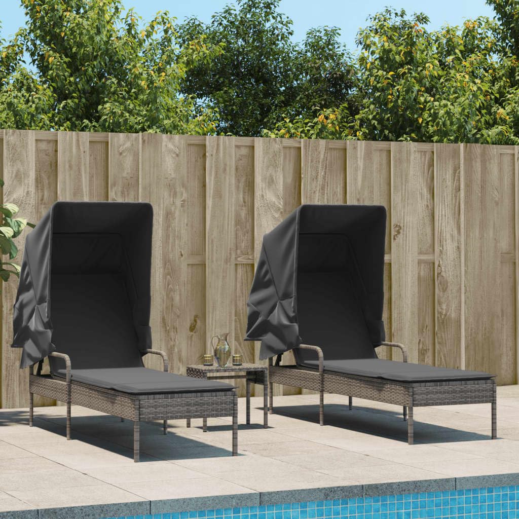 Chaises longues en polyrotin avec dossier réglable 4 positions et toit pare-soleil extensible