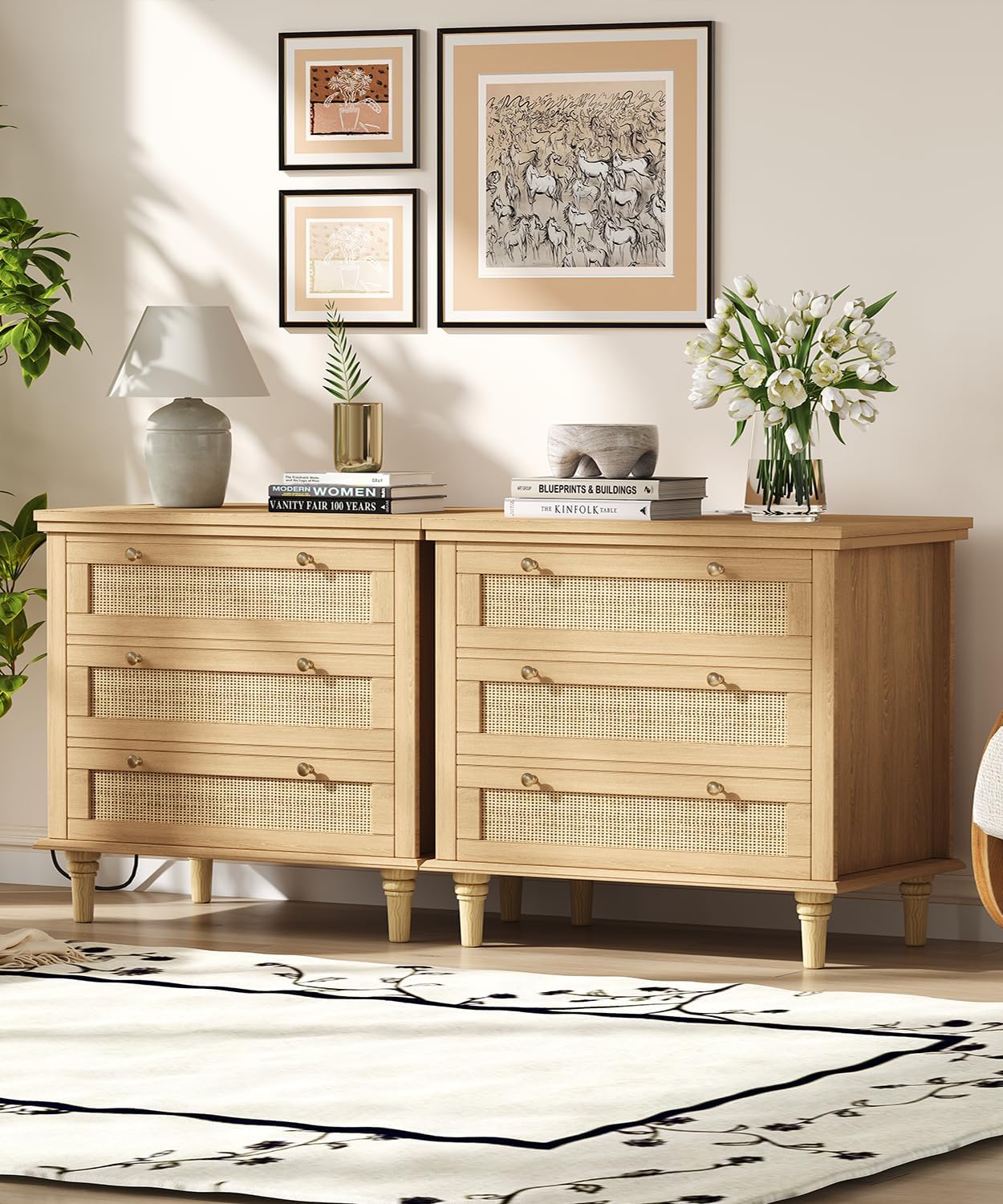 27.6" W x 26.8" H Wide Rattan Nightstand with Charging Station, Large Night Stand with 3 Storage Drawers, Boho Bedside Table with Round Handles, Wooden End Table for Bedroom, Natural Oak