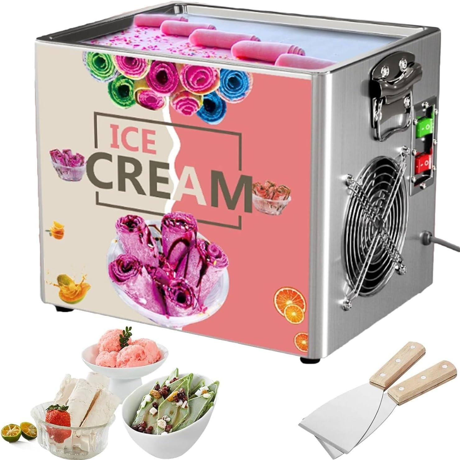 FJYAWEN Rolled Ice Cream Maker with 330w Compressor, 2 Spatulas, 30x24cm Cooling Plate, 90s Fast Cooling to -15°c, Touch Control Countertop Fried Ice Cream Machine for Home & Small Shop