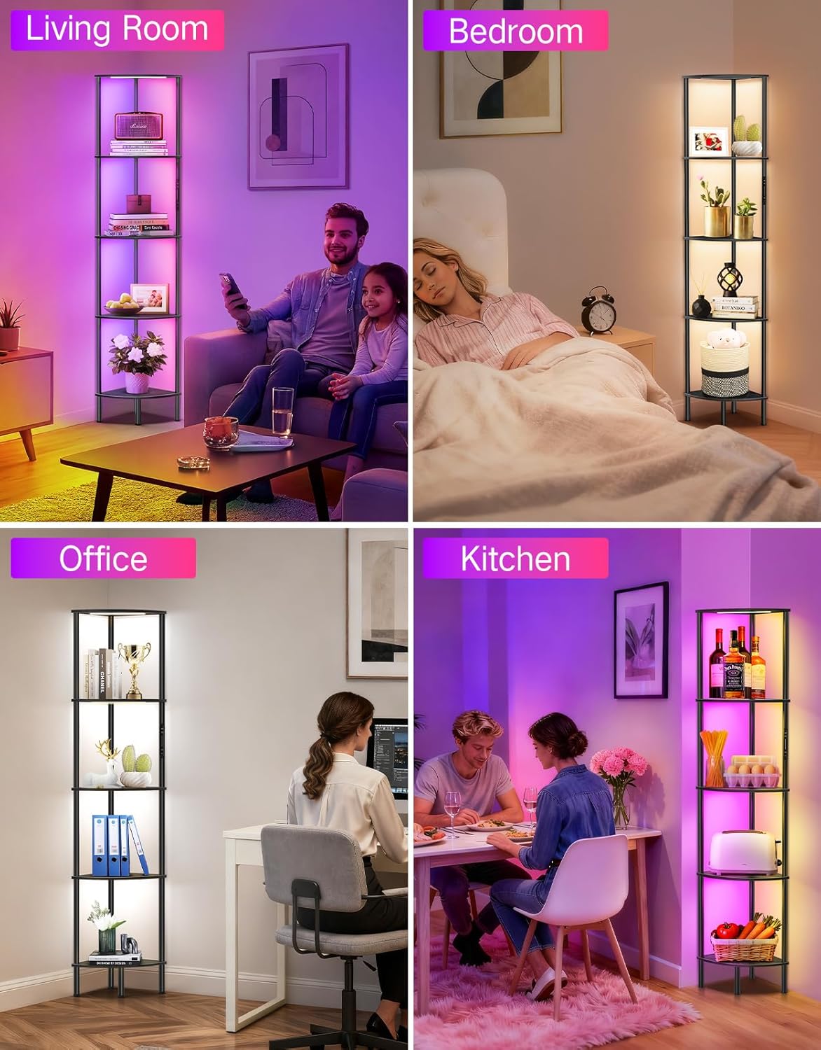 5 Tier Corner Shelf with RGB Lights, Touch & APP & Remote Control, Dimmable Narrow Corner Bookshelf with Music Sync, Display Shelf with Multiple Color Lights for Living Room, Bedroom(Black)