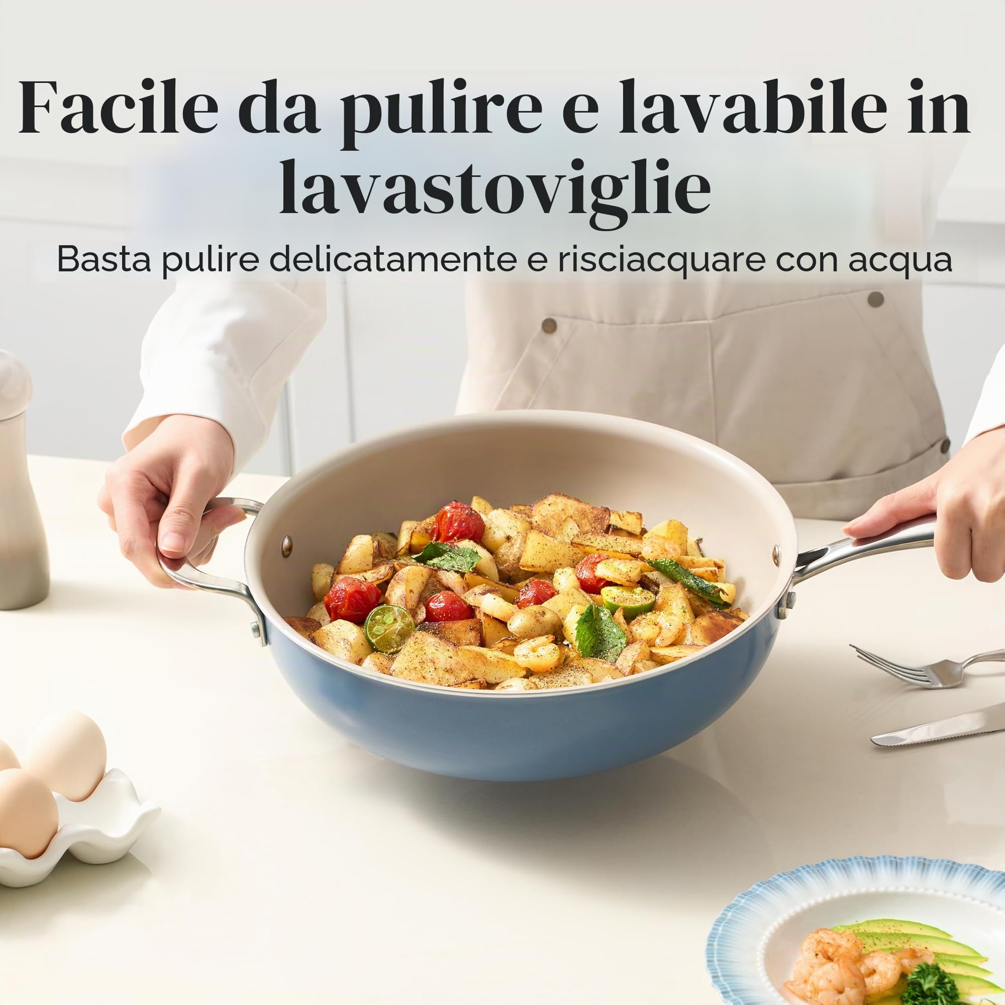 Redchef Padella da 28 cm, con coperchio, rivestimento antiaderente, in ceramica, a induzione con manico in acciaio inox, senza PTFE, senza PFAS, adatta al forno, lavabile in lavastoviglie, colore: blu
