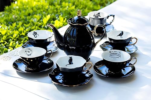 Miniatura 2 de Tetera festoneada de oro negro + 6 juegos surtidos de tazas de té y platillos de Halloween pintados a mano con ribete dorado