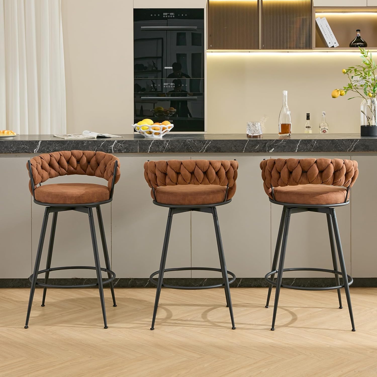 Bar Stools Set of 3, 28 inch Counter Height Stools 360° Swivel Bar Stools Counter Stools for Kitchen Island with Woven Back and Velvet Fabric, Metal Frame & Footrest for Cafe, Pub, Bar, Brown