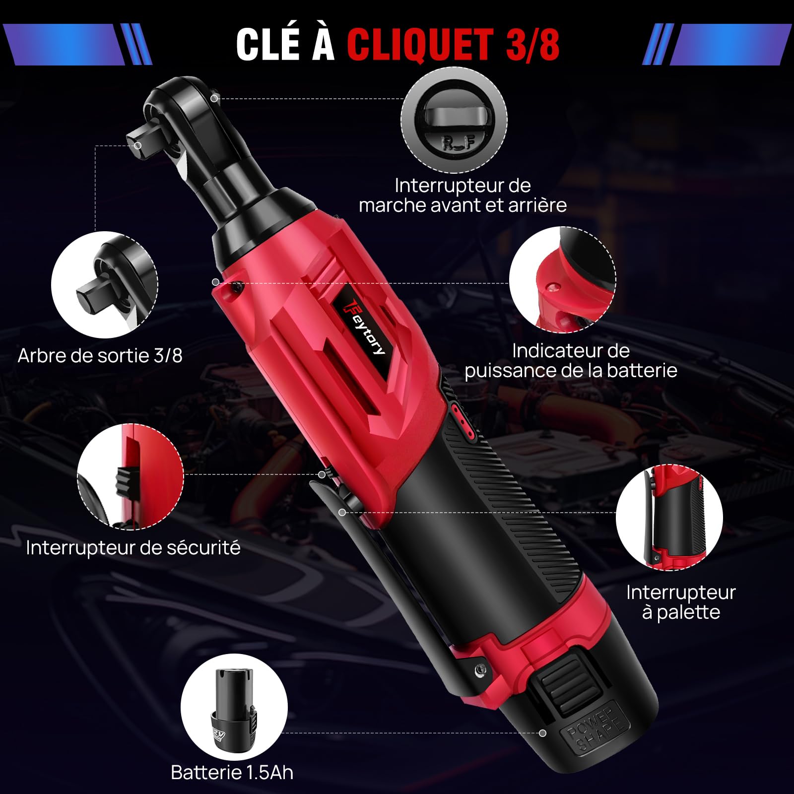 Clé à Cliquet Sans Fil 3/8'', Trousse à outils pour clé à angle droit 90°, 12V Électrique cliquet Clé avec lampe de travail à LED, 300RPM 40Nm Clé à cliquet, 2x1,5Ah batteries Charge rapide, 7 prises