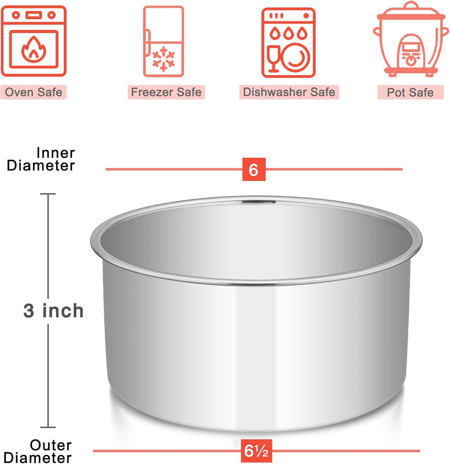 E-far Cake Pans Set of 3, 6 x 3 Inch Stainless Steel Round Cake Baking Pans Tins for Wedding Birthday, Deep Side & Non-toxic, Oven & Dishwasher Safe, Mirror Finish & Straight Side - Image 2
