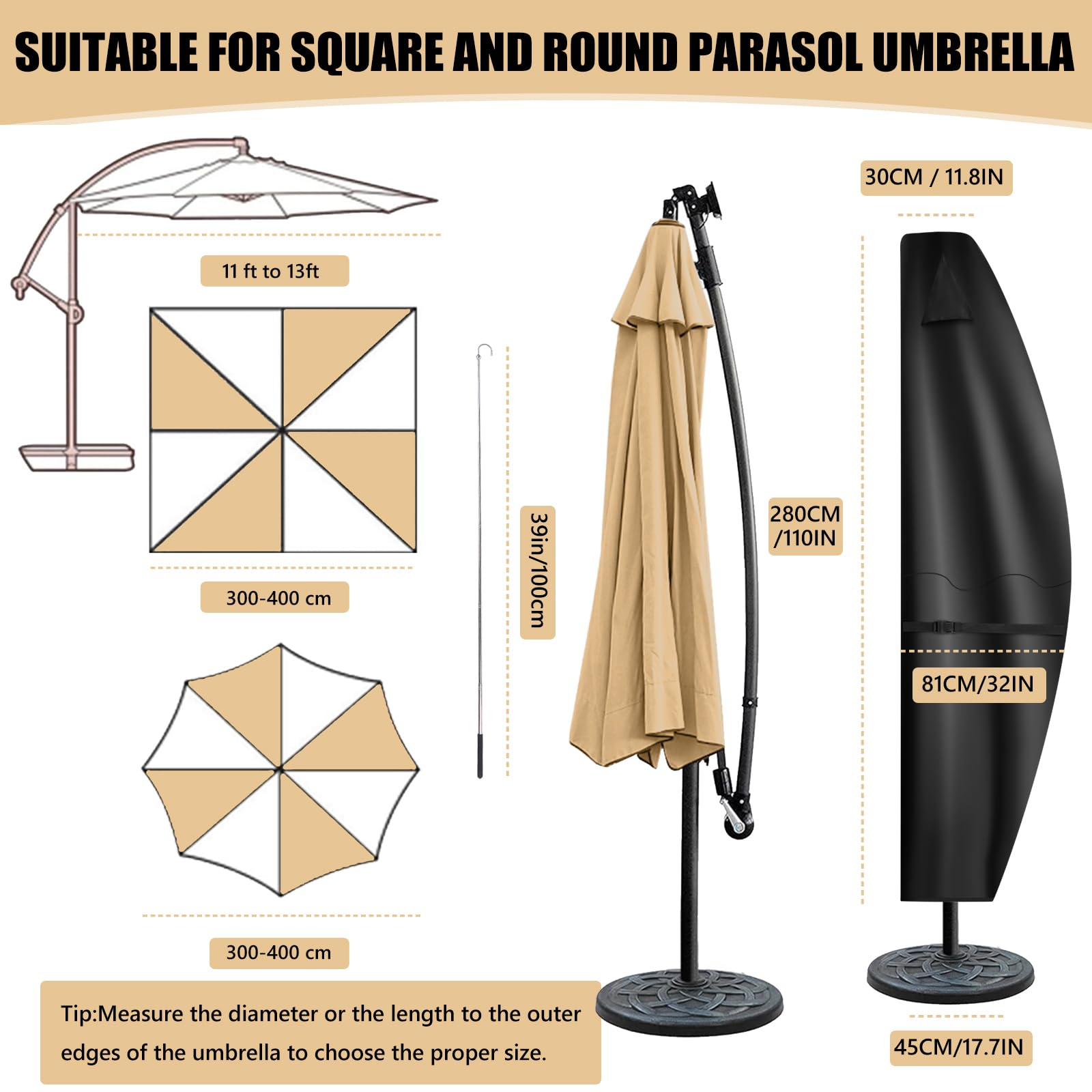 Copertura per ombrellone da patio per ombrellone offset da 3,4 a 4 m, impermeabile 600D, copertura per ombrellone da esterno a sbalzo, protezione per tutte le stagioni, con robusta cerniera