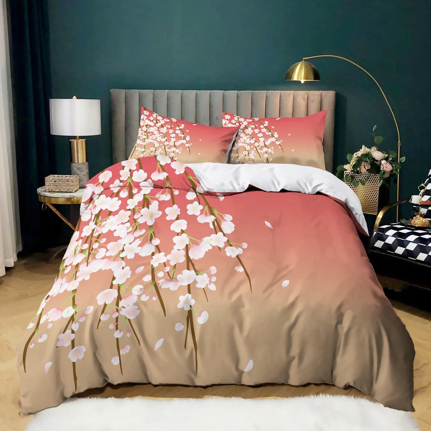 Parure de lit fleurs de cerisier en microfibre douce et résistante pour lit deux personnes