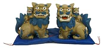 毬とシーサー Amazon | リアルシーサー親子横向き (大) 青 | 民芸品 | おもちゃ