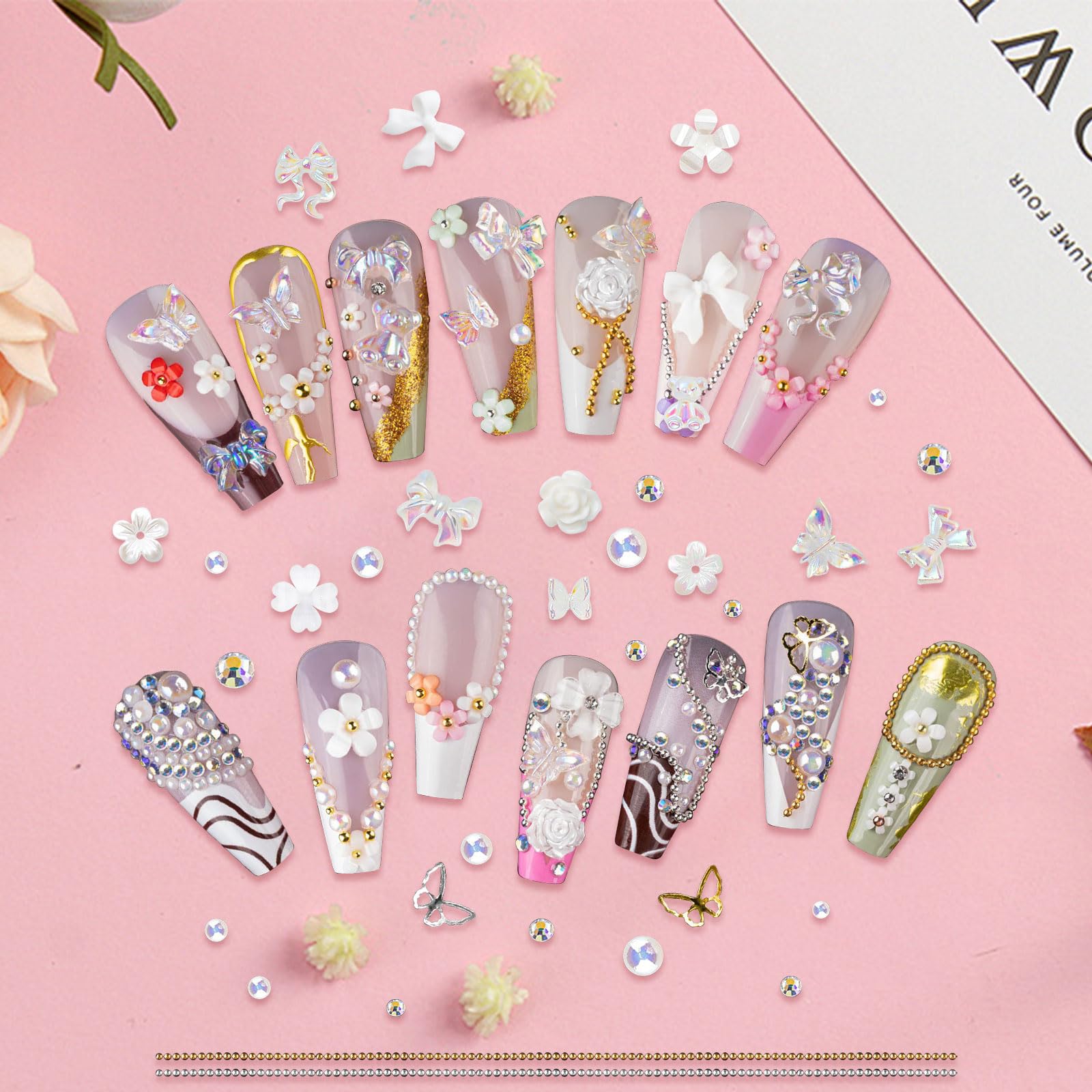 Nail Art Rhinestones and Pearls,2 Boxes Butterfly Bowknot Flower Nail Charms,Aurora Bear 3D Nail Art Decorations for Manicure Design DIY Crafting Party Daily Wedding - Image 4
