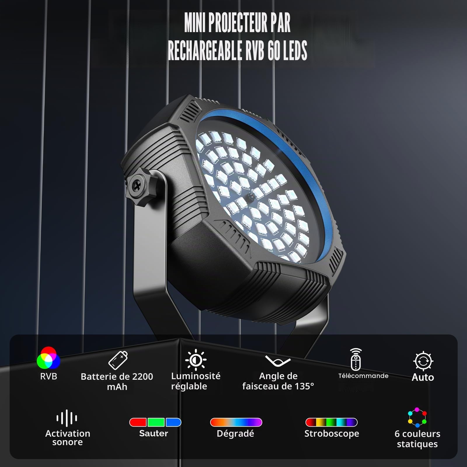 2 pièces 30W RGBW 60 LED Par projecteur batterie rechargeable Mini avec télécommande, éclairage de scène stroboscopique avec mode Auto/Son lumière disco pour DJ, fête, la chambre