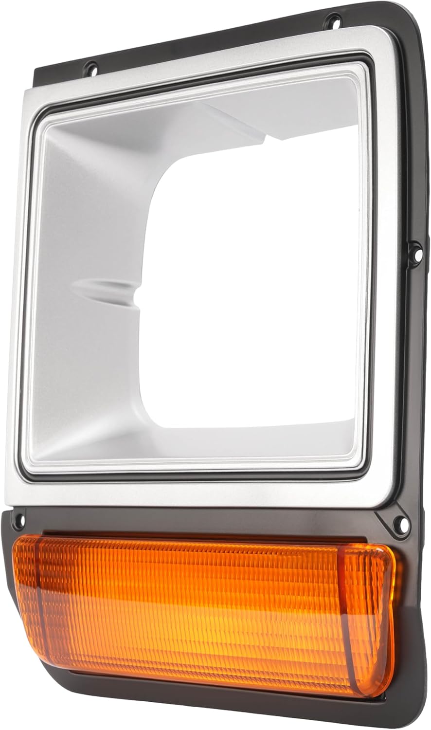 HECASA Left Headlight Bezel w/Turn Signal Light Compatible with 1986-1990 Dodge D100 Ramcharger W100 Replacement for CH2512122 Headlamp Door Bezel Trim Kit Set Yellow Lens Silvery Bezel Driver Side