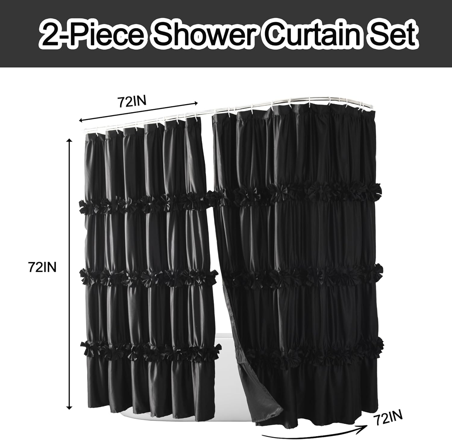 2-Piece Black Satin Shower Curtain Set, Double Panels for Easy Access, Glossy Luxury Fabric, Modern Bathroom Décor, 72x72 Inches (Pair), Machine Washable (LQ-44)