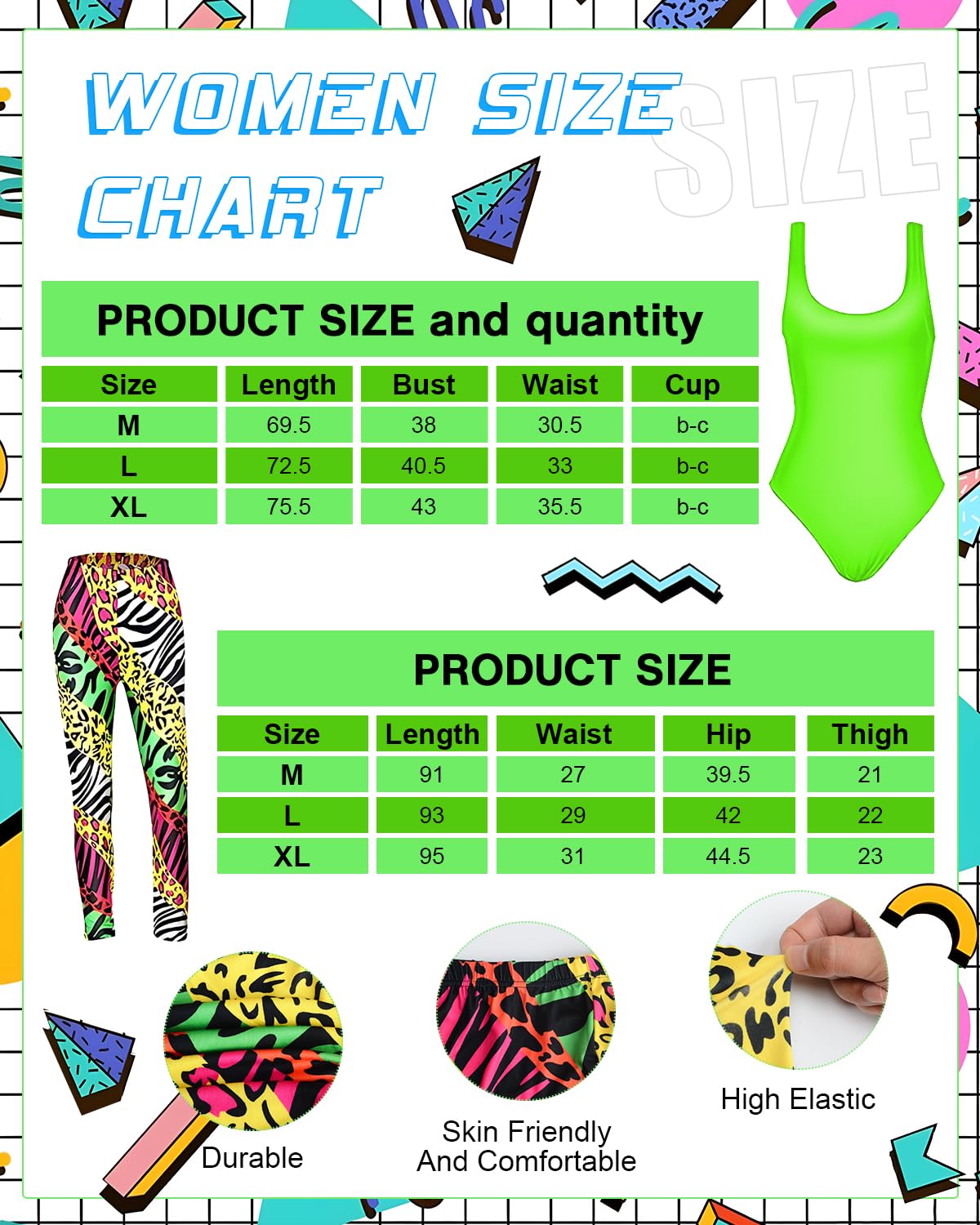 BIQIQI Women’s 80s Sportswear Costume, Leotard, Leggings, Headband, Arm Bands, Leg Warmers, Earrings, Bum Bag, 80s and 90s Outfit - Image 2