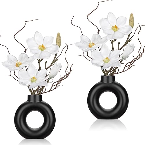 Briful 2PCS Magnolia Artificial Flowers with Black Vase White Magnolia Floral Arrangement Faux Potted Silk Flowers for Home Office Bathroom Kitchen Shelf Table Centerpiece Modern Decor