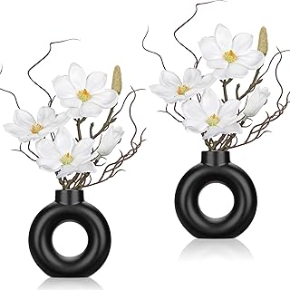 Briful 2PCS Magnolia Artificial Flowers with Black Vase White Magnolia Floral Arrangement Faux Potted Silk Flowers for Home Office Bathroom Kitchen Shelf Table Centerpiece Modern Decor