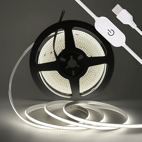 Tira LED regulable táctil de 5 V, 3.3 ft, color blanco, 320 LED, de alta densidad, súper brillante, flexible, fuente de alimentación de conmutación