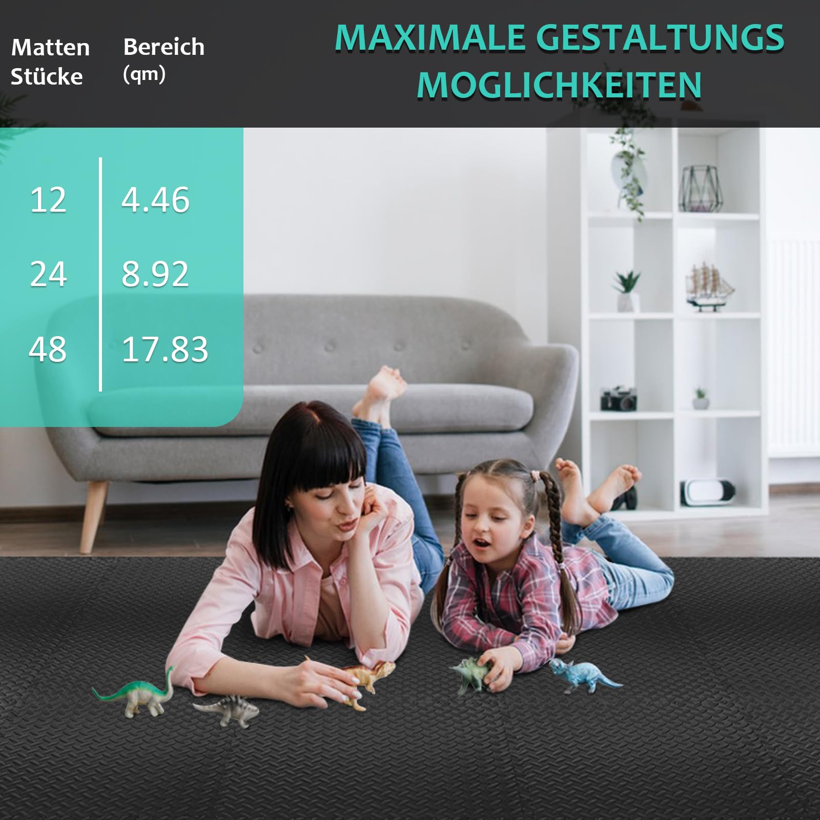 Bodenschutzmatte Fitness Set [61 x 61cm], 12/24/48 Puzzlematte, Eva Sportmatte Fitnessmatte rutschfest, Gymnastikmatte Dicke 10mm, Bodenmatte für Fitnessgerät&Fitnessraum
