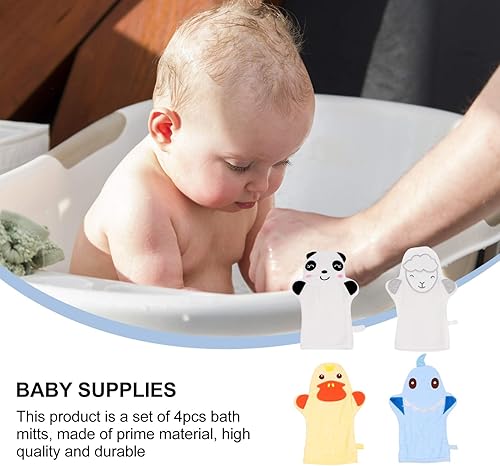 Miniatura 5 de Lurrose 4 piezas de guantes de baño para bebé, diseño de animales de dibujos animados, esponja de algodón para ducha, guantes de limpieza corporal