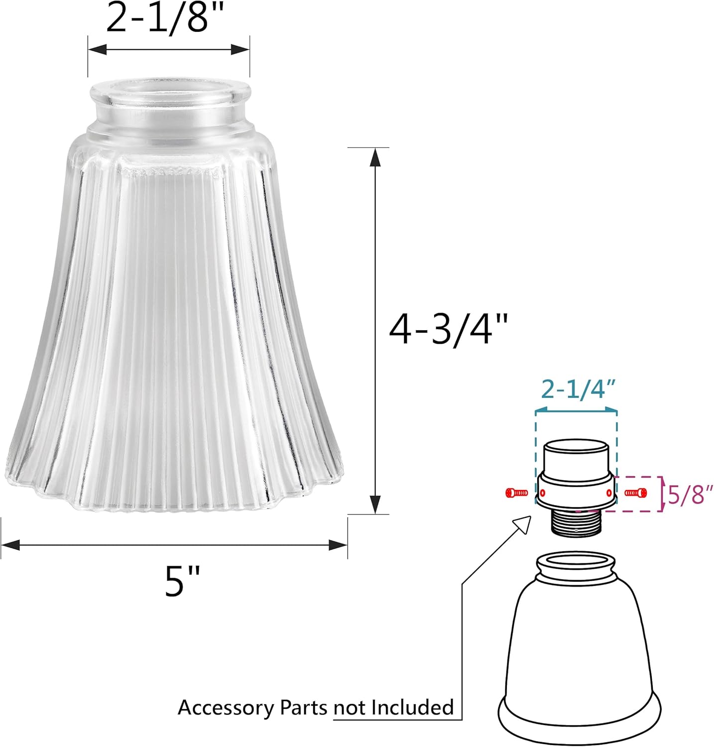 Aspen Creative 23057-4, Transitional Clear Ribbed Ceiling Fan Replacement Glass Shade, for Ceiling Fan Light Kit, Wall Sconce, Pendant, 1-5/8'' F, 2-1/8'' T x 5'' Dia x 5-1/8'' H, Set of 4