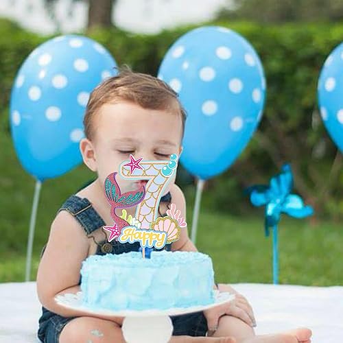 Miniatura 6 de 1 paquete de decoración de pastel de sirena para cumpleaños de 7 años, feliz cumpleaños, océano, criatura del mar, decoración de pastel de sirena