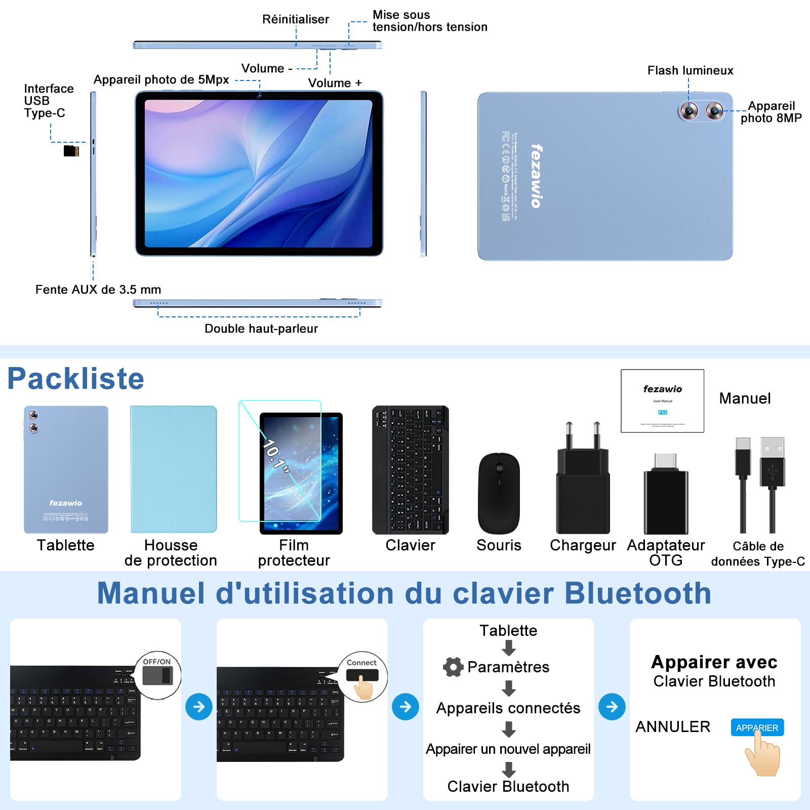 Tablet 10 pollici Android 15 Gemini AI, 30 GB RAM +128 GB ROM,8000 mAh, blu