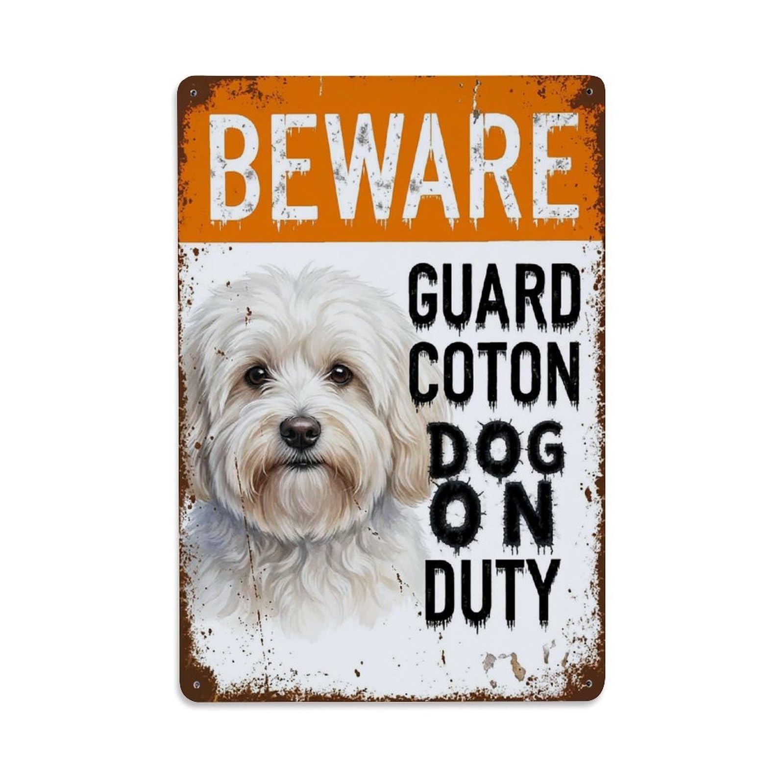 Vintage Funny Coton Guard Beware of Dog Pier Metal Tin Sign Plaque Wall Decor for Cafe, Club Bar, Office, Garden Metal Poster 8x12Inch
