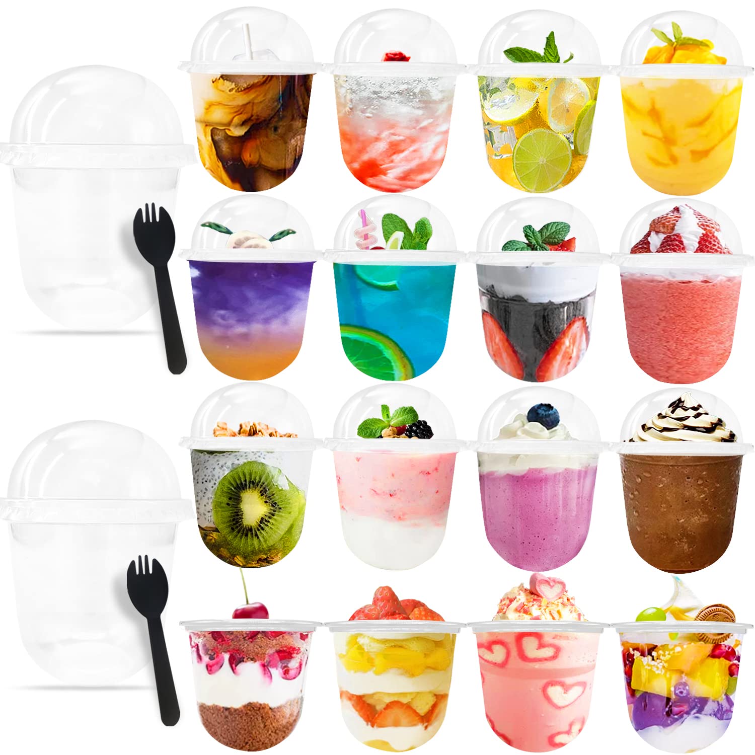 Cshangzei 50Set 12oz Clear Plastic Cups with Dome Lids and Sporks,Disposable Dessert Party No Hole Cups Parfait Cup for Ice Cream,Pudding,Fruit Yogurt,Smoothie,Iced Cold Drinks